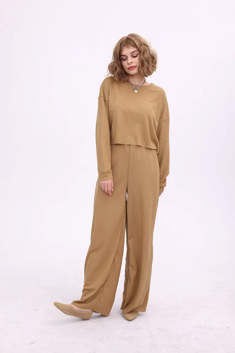 Maxct Waffle Solid Pullover Top & Knit Wide Pants