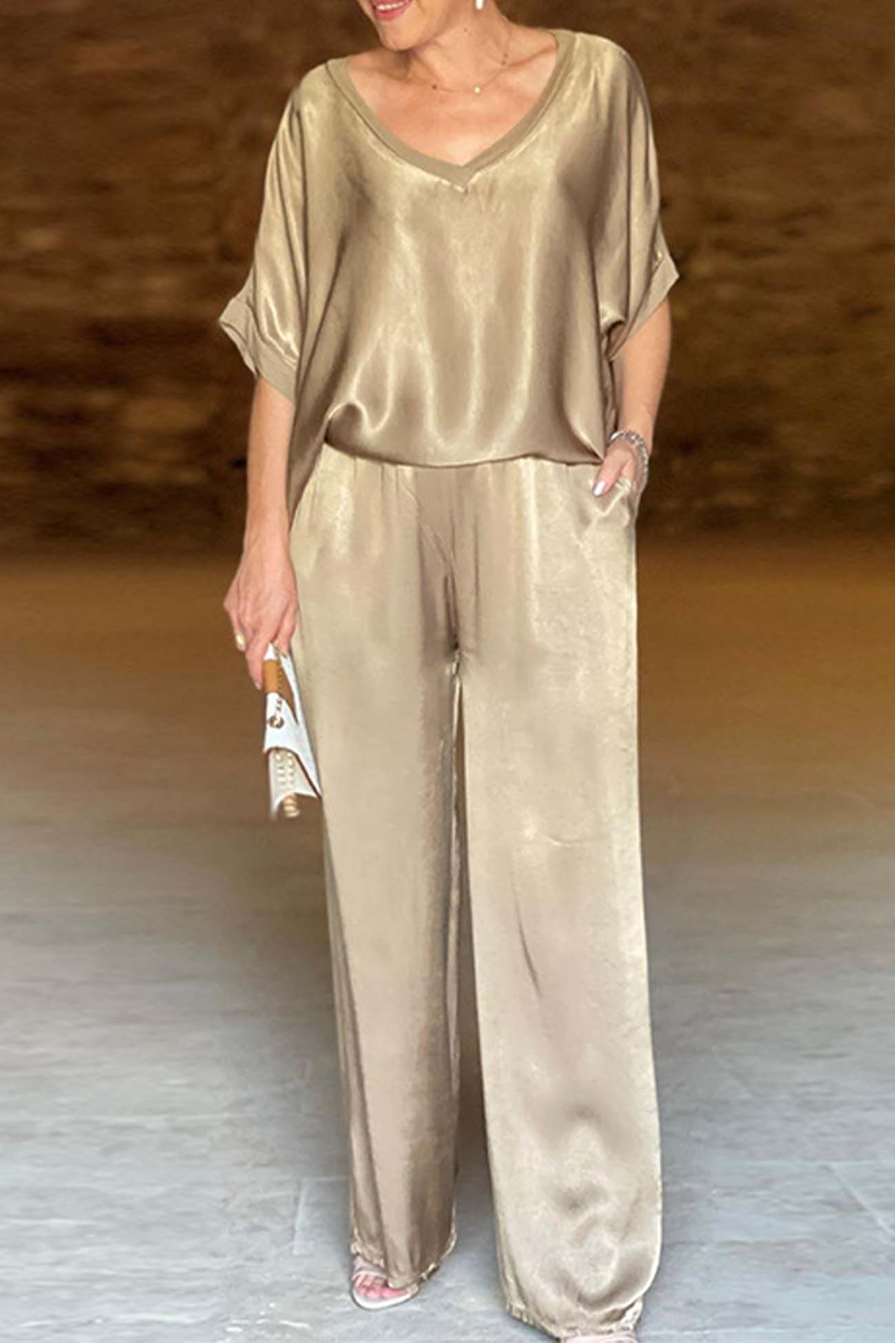 Maxct Satin V Neck Half Sleeve Long Pant Set