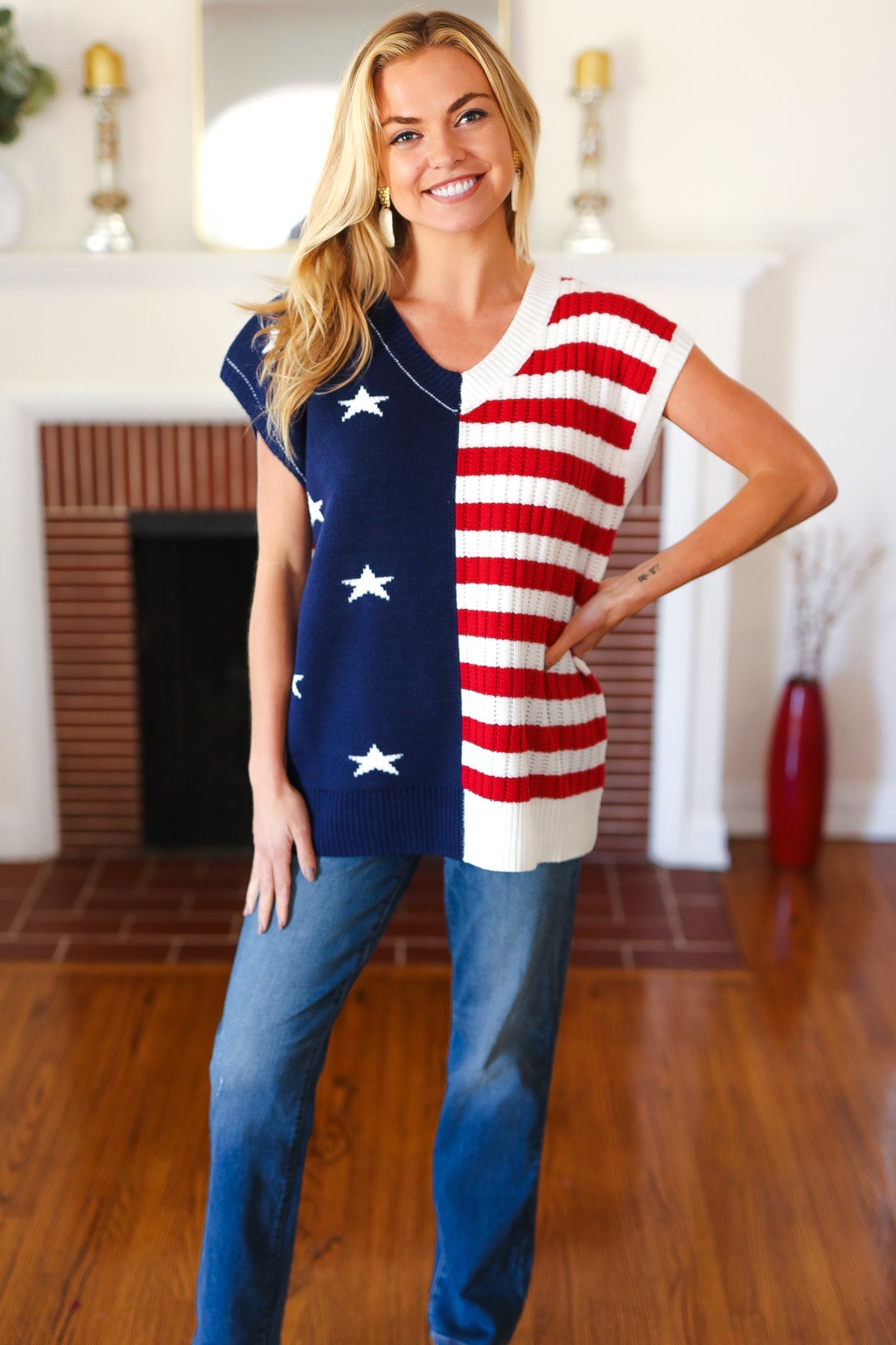 Maxct &Stars & Stripes Americana V Neck Dolman Sweater Top