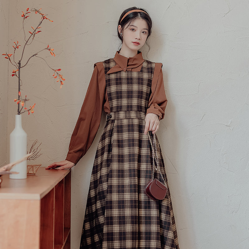 Crepe Plaid Pinafore Dress Set Maxct