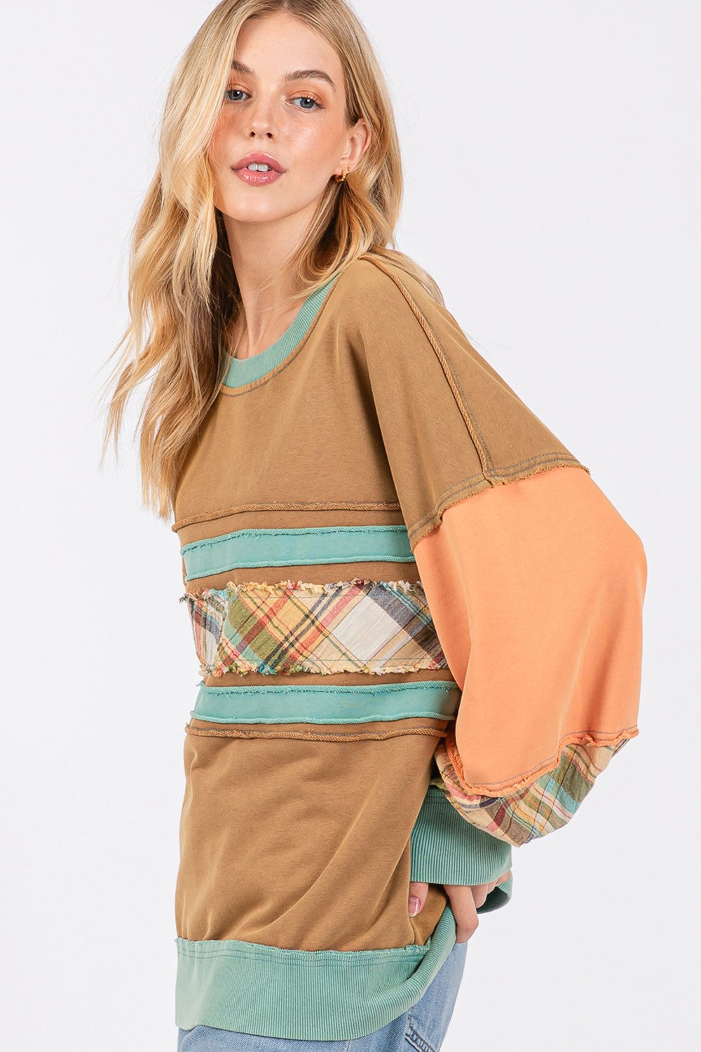 Maxct &SAGE + FIG Mineral Wash Raw Edge Color Block Sweatshirt