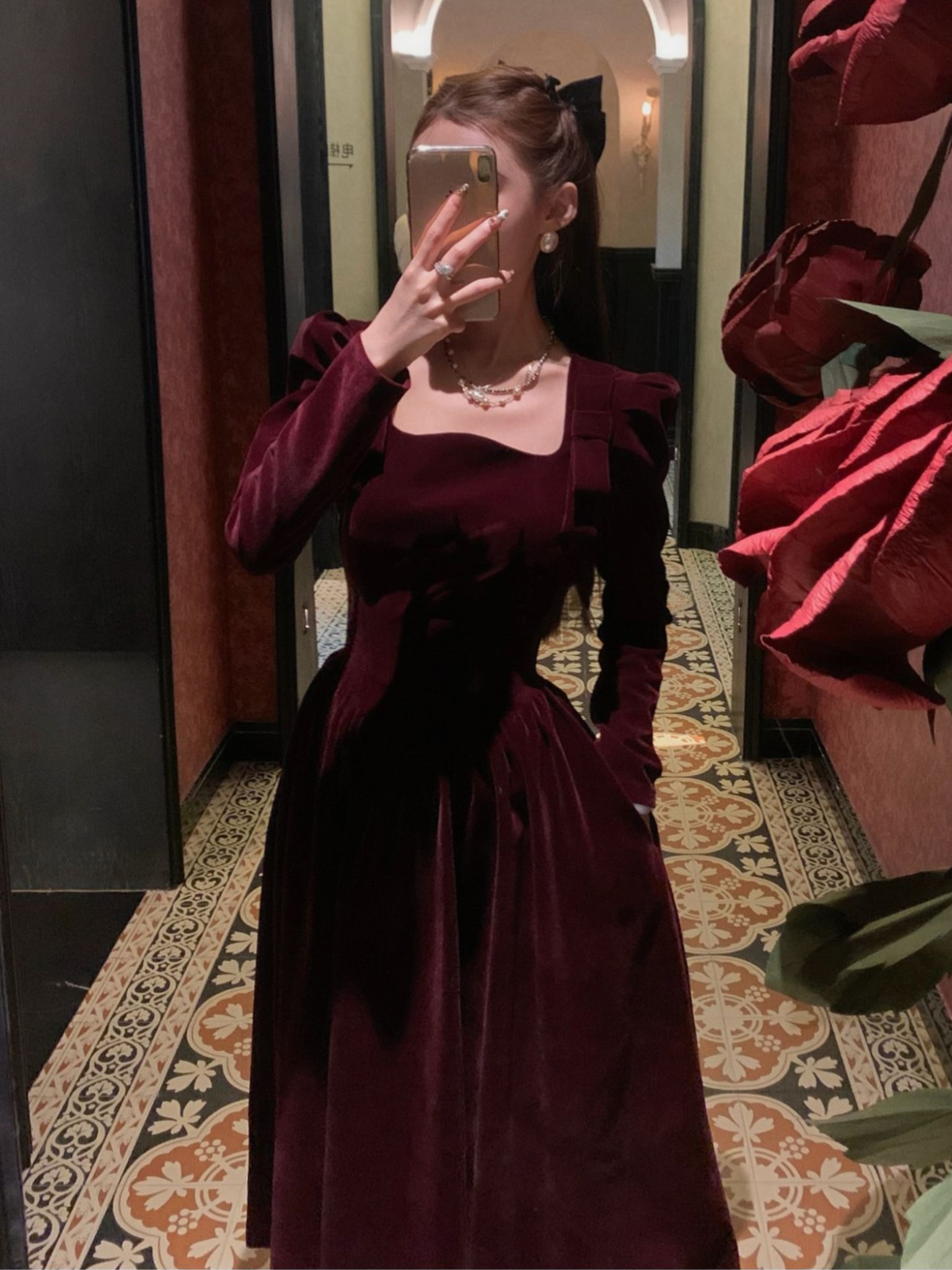 Maxct Winter Vintage Christmas Red Velvet Dress French Elegant Square Collar Evening Party Prom Vestidos Women Clothes