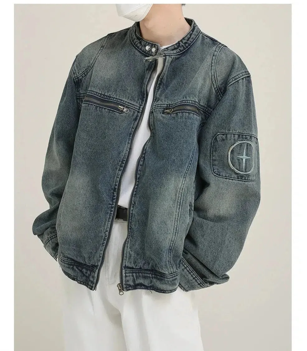 Maxct Zip Washed Stand Collar Denim Jacket