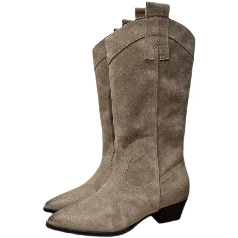 Western Bootss Mid Calf suede knee boots- Black/Khaki Maxct