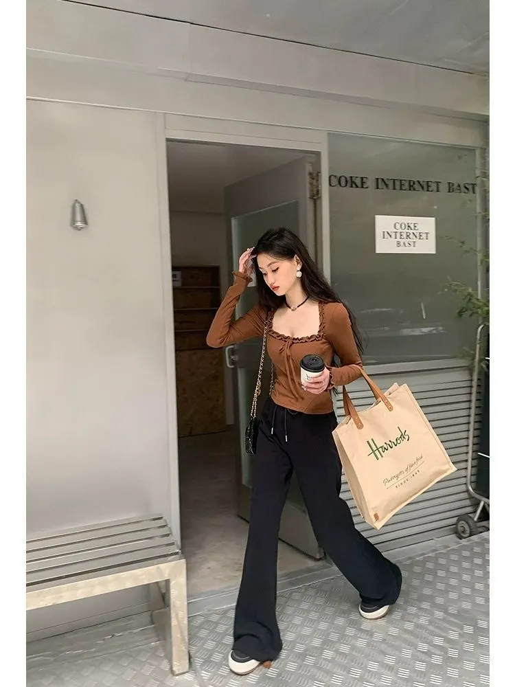 Square Neck Pleated Sexy Tops Casual Autumn Slim Long Sleeved T-shirt for Women's Ins Fashion Crop Top