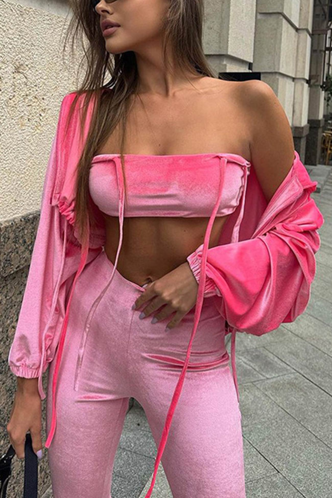 Maxct Velvet Tie-back Vest Hoodie Three-piece Pants Suits