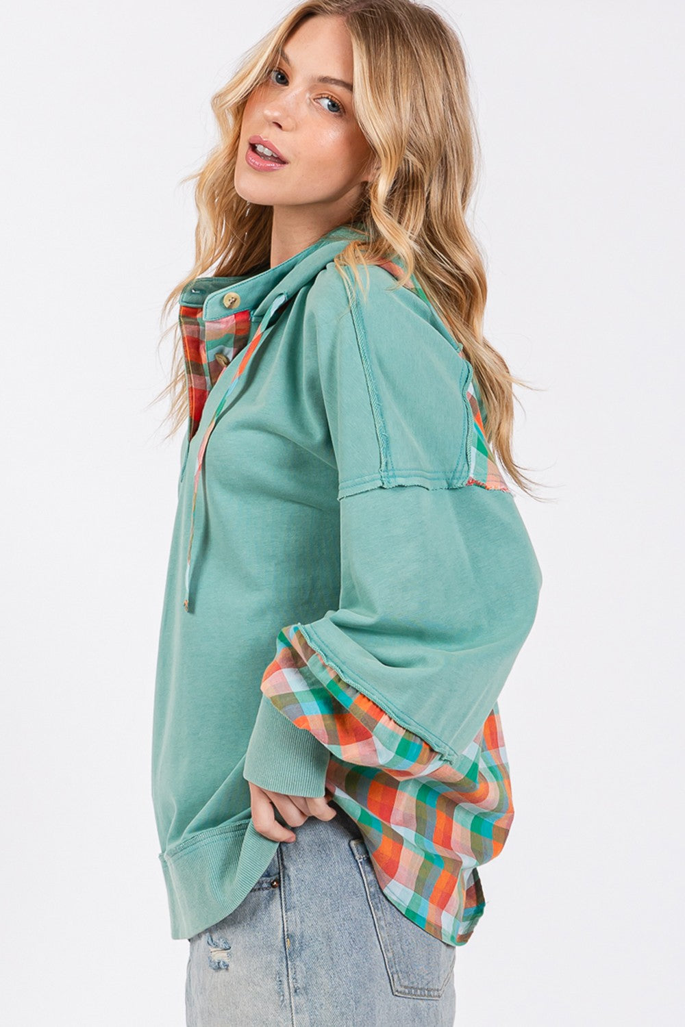 Maxct &SAGE + FIG Full Size Plaid Print Washed Hoodie