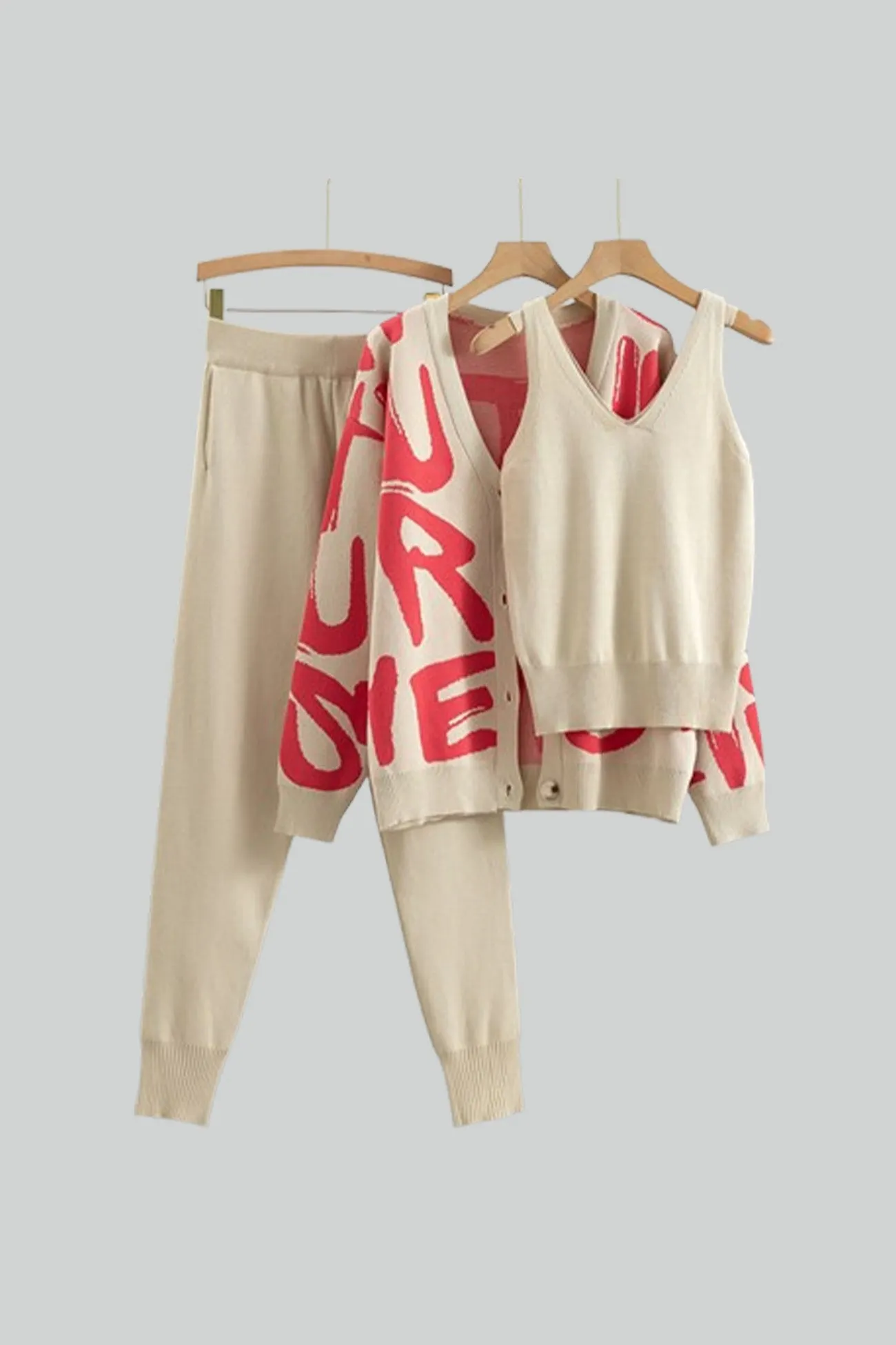 Maxct Letter Printed Cardigan Vest Long Pant Three Piece Set