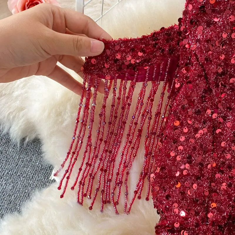 Sequins Party Maxi Dress For Women Sexy V-Neck Short Sleeve High Waist Tassel Long Robe Female Elegant Vestidos