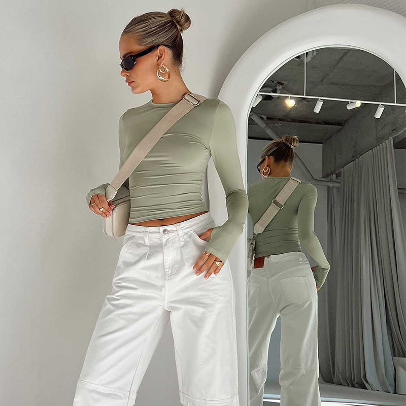 Female Korean Fashion Crop Tops Women Long Sleeve T-Shirts Solid Color O Neck Slim Fit Casual Basic Tees Going Out Outfits