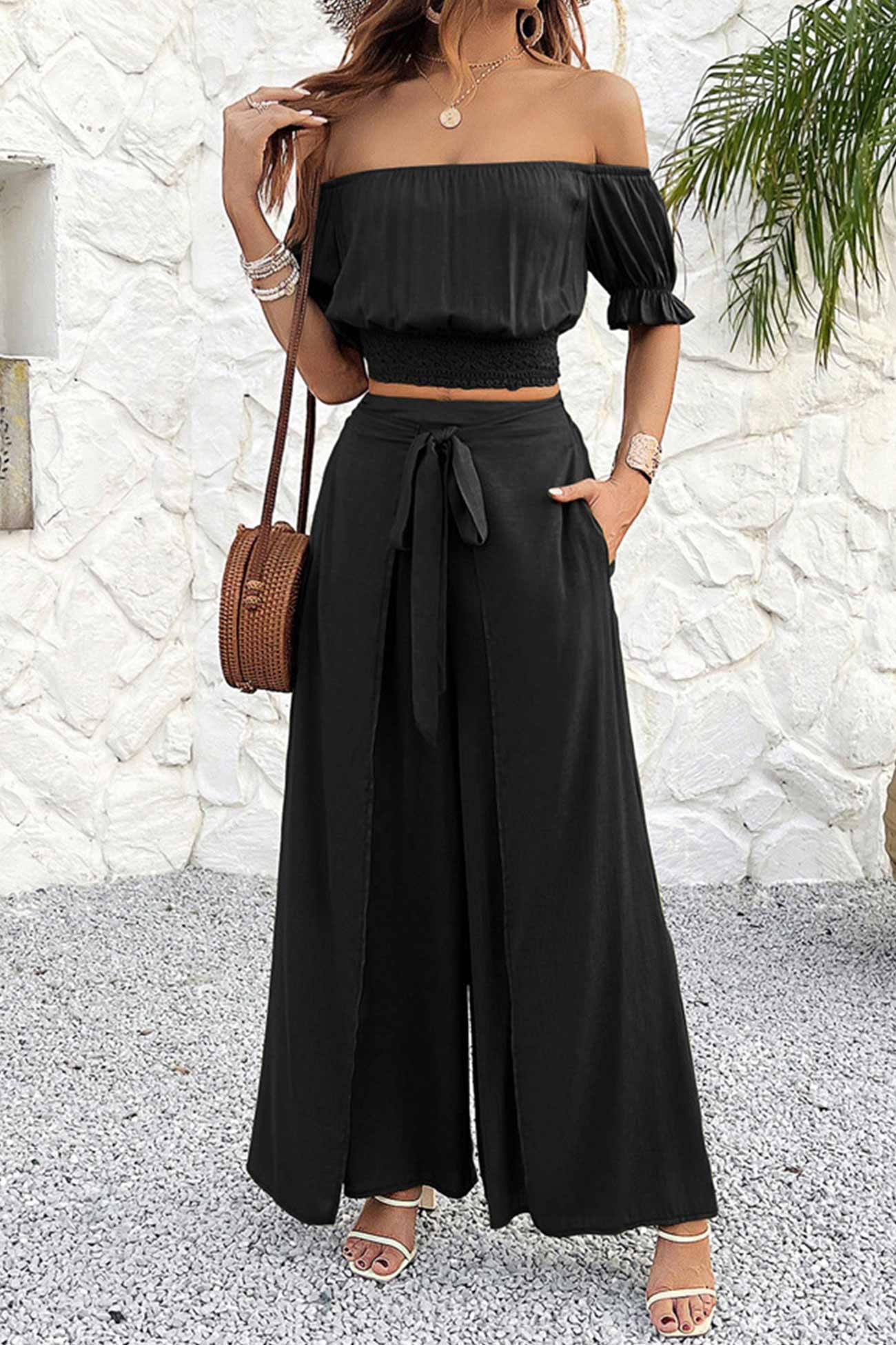 Maxct Off-shoulder Crop Top Tie-up Pants Suits