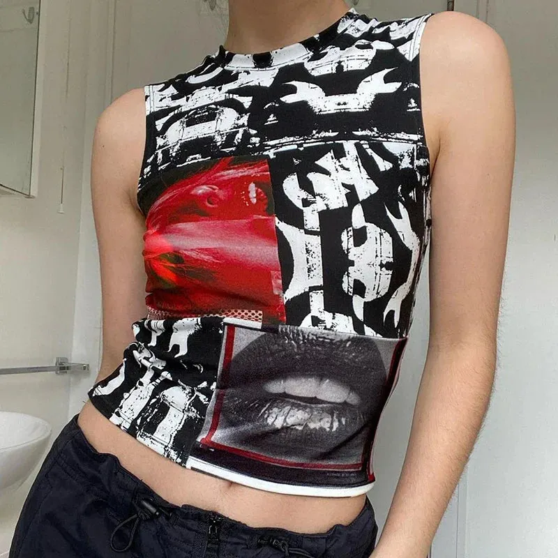 Maxct 90s Vintage Portrait Graphic Print T-shirt Harajuku Crop Top Y2K Aesthetic Summer Slim Fit Tees Tops Women Streetwear Gothic