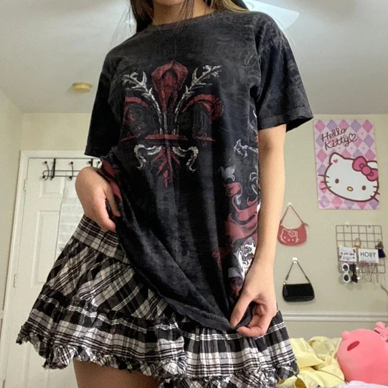 Maxct E Girl Graphic Short Sleeve Tops Gothic Skulls Print T Shirt Tees Harajuku Grunge Vintage Pullovers Y2K Retro Mall Goth Clothes