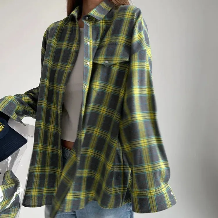 Maxct Retro Lapels Lattice Loose Shirt For Women Single-Breasted Long Sleeves Stripe Summer New Casual Versatile Pocket Shirt