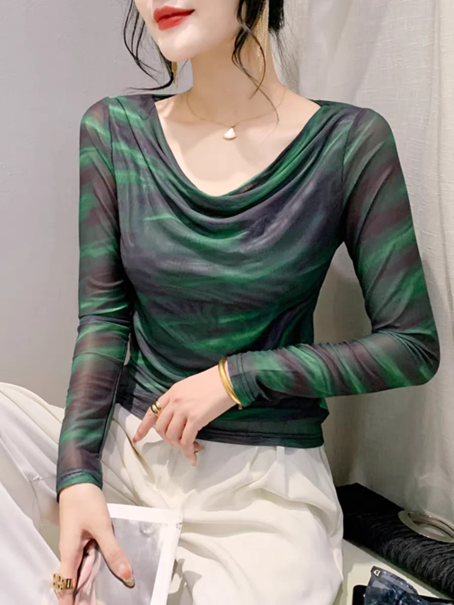 Maxct Spring Summer Double-Layer Mesh Top Long Sleeve Printing T-shirt Woman Slim Fitting Tee For Female