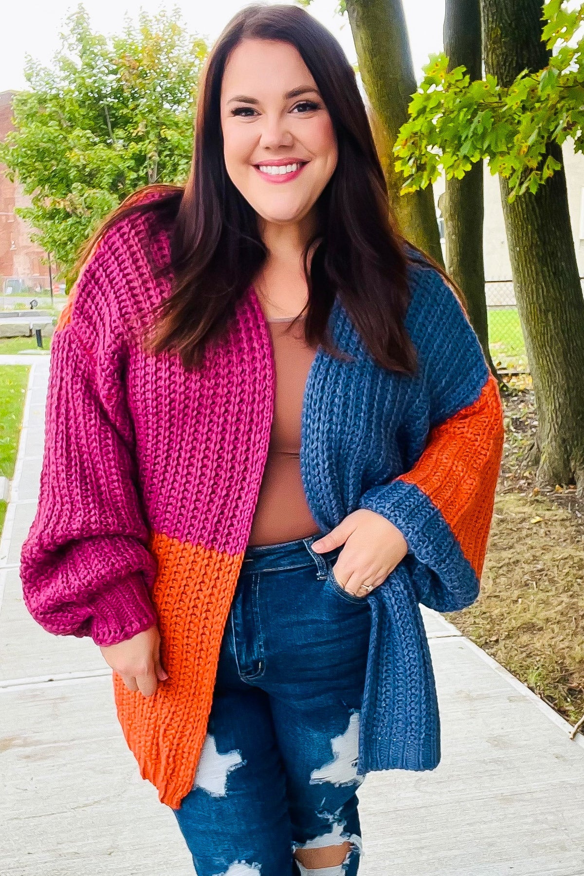 Maxct &Dazzle In Magenta & Navy Chunky Knit Color Block Cardigan