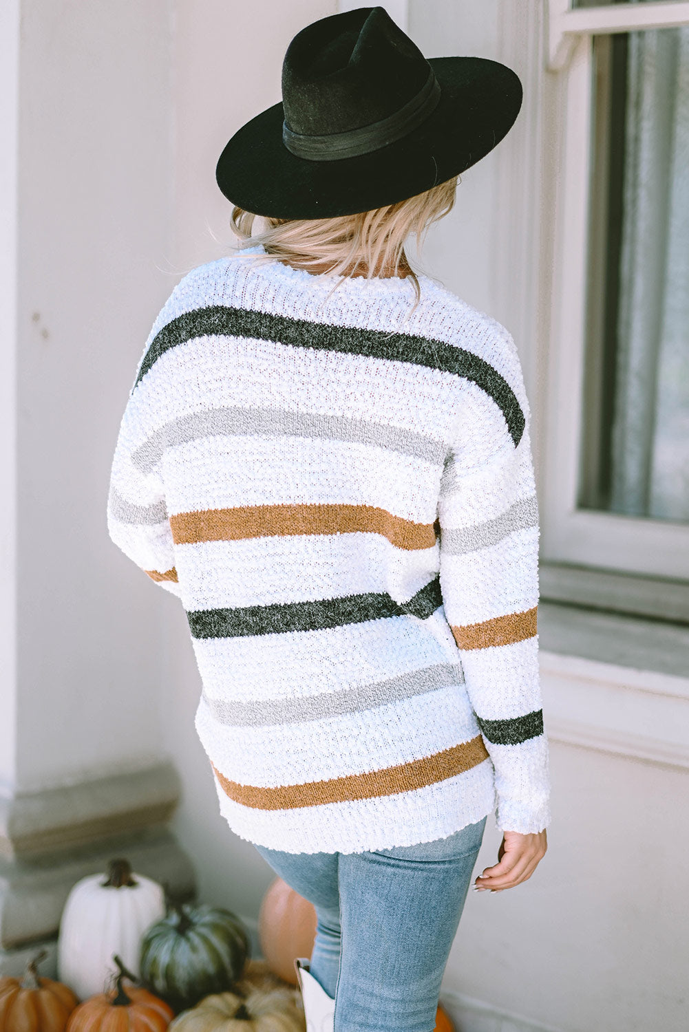 Maxct &Striped Round Neck Dropped Shoulder Sweater