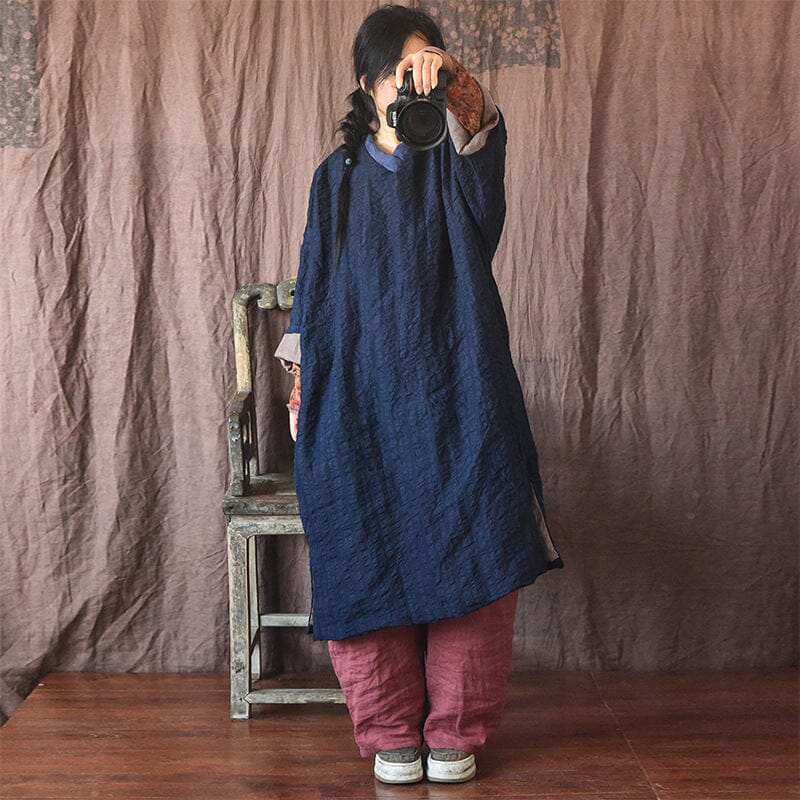 Warm Color Block V-Neck Loose Cotton Linen Casual Dresses