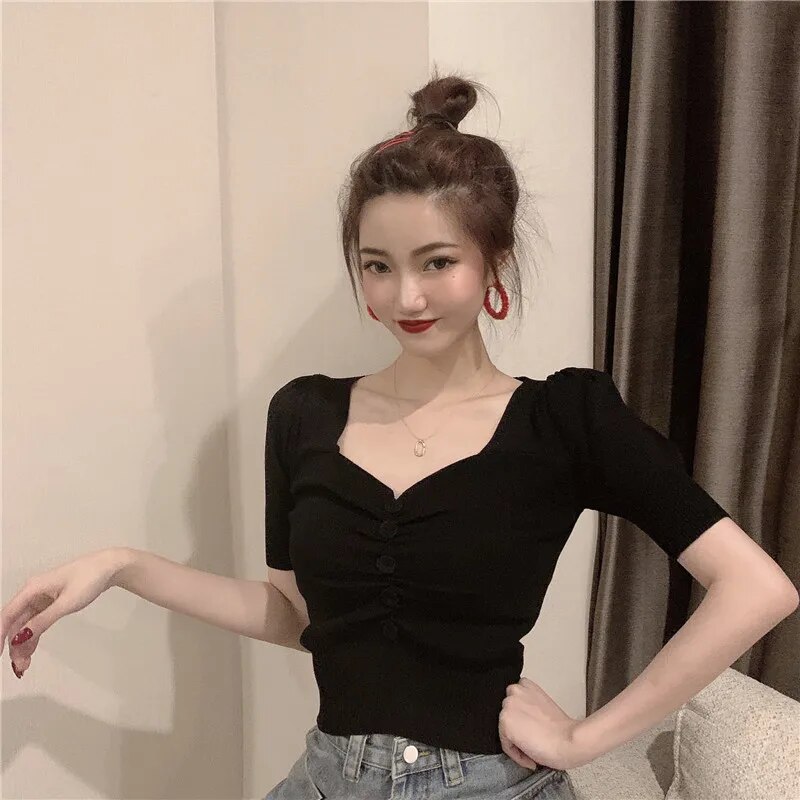 Maxct Puff Short Sleeve V-neck Knitted T-shirts Girls Solid Stretchy Crop Tops Thin Knitwear For Women