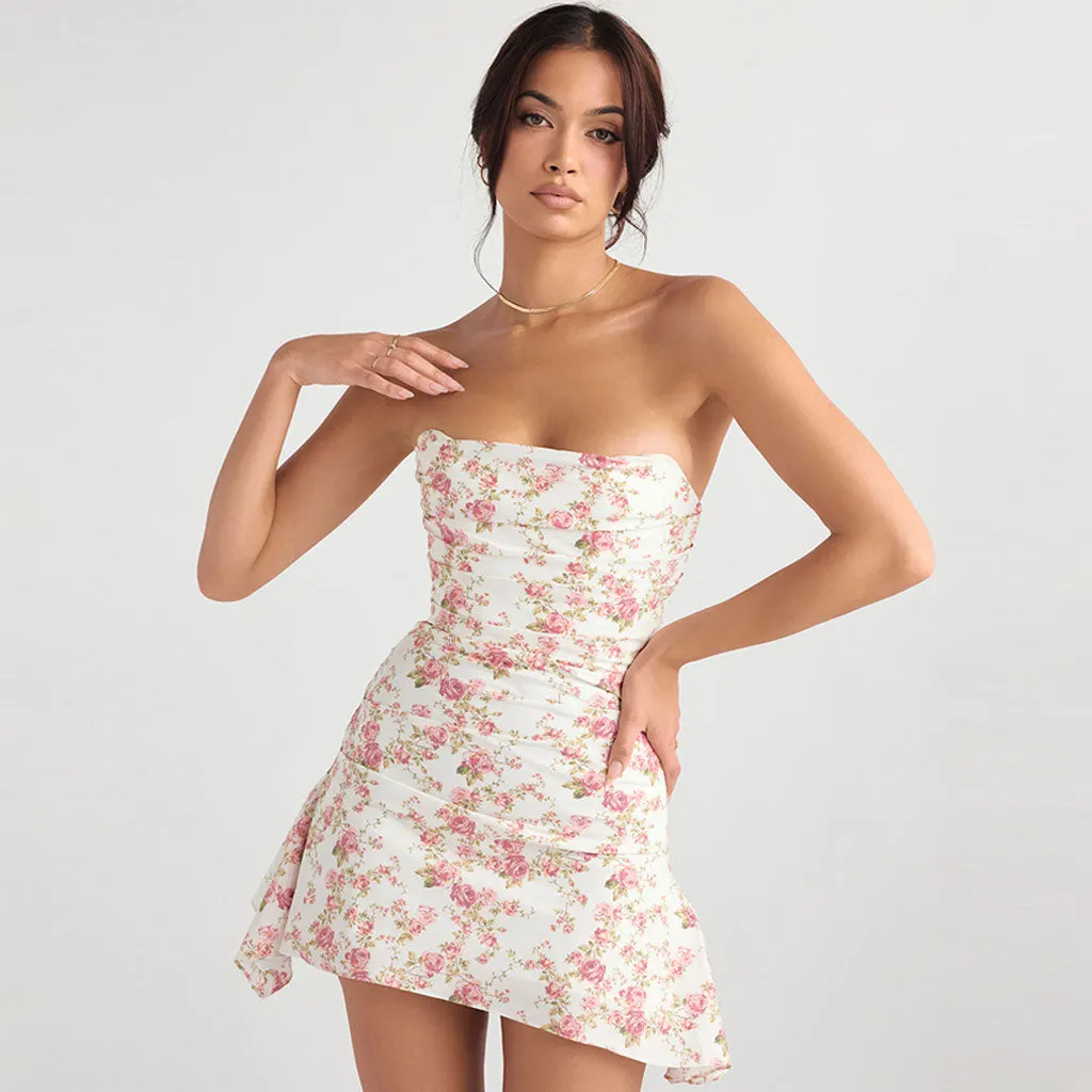 Glamorous Rose Printed Ruched Strapless Corset Mini Dress - Floral Maxct