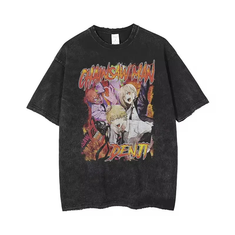 Maxct Anime Chainsaw Man Acid Tshirt Retro Vintage Washed Printed Graphic T Shirt Men Harajuku Cotton Casual Short Sleeve Tshirt Tops