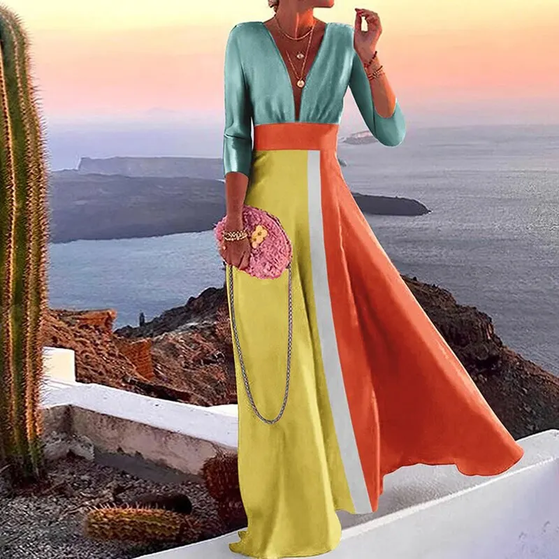 Maxct Summer Autumn Long Dress Fashion Retro Floral Print Sleeveless Holiday Dress Sexy Women Deep V Neck Elegant Party Dress