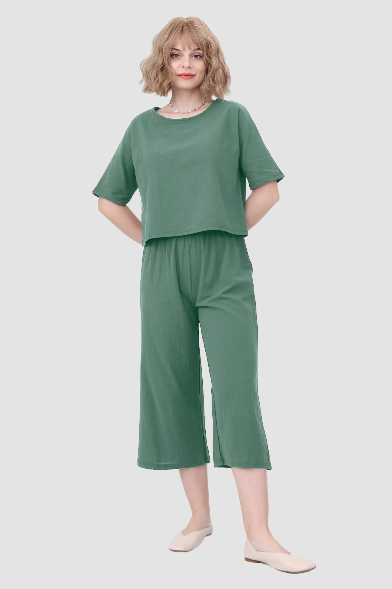Maxct Solid Short Sleeve Top & Elastic Waist Pants