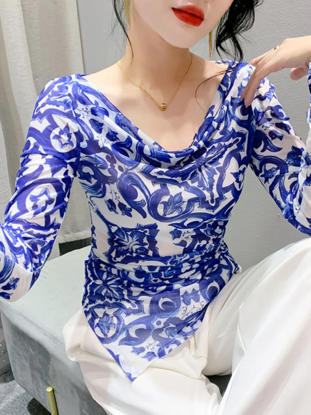 Maxct Autumn Mesh T-shirt Women Full Sleeve Irregular Hem Elegant High Stretch Slim Top