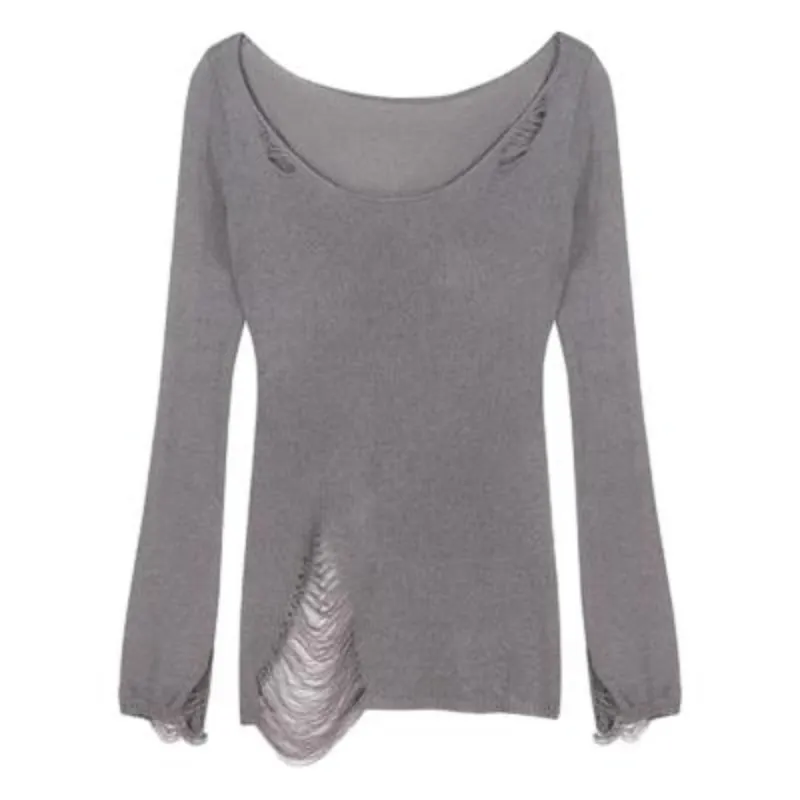 Maxct Korean Style Long-sleeved Ripped Thin Knitted Sunscreen Blouse T-shirt Tops With Small Tube Top Fashion Women's Clothing