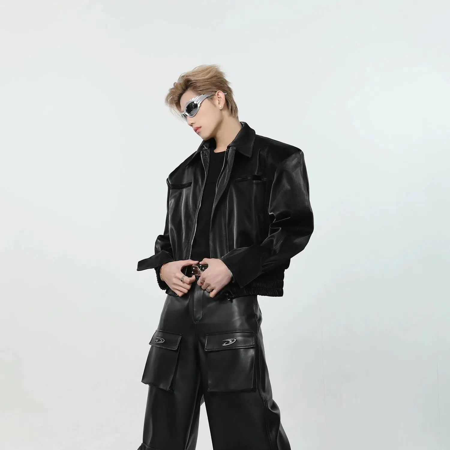 Maxct Short Leather Jacket with Shoulder Pads