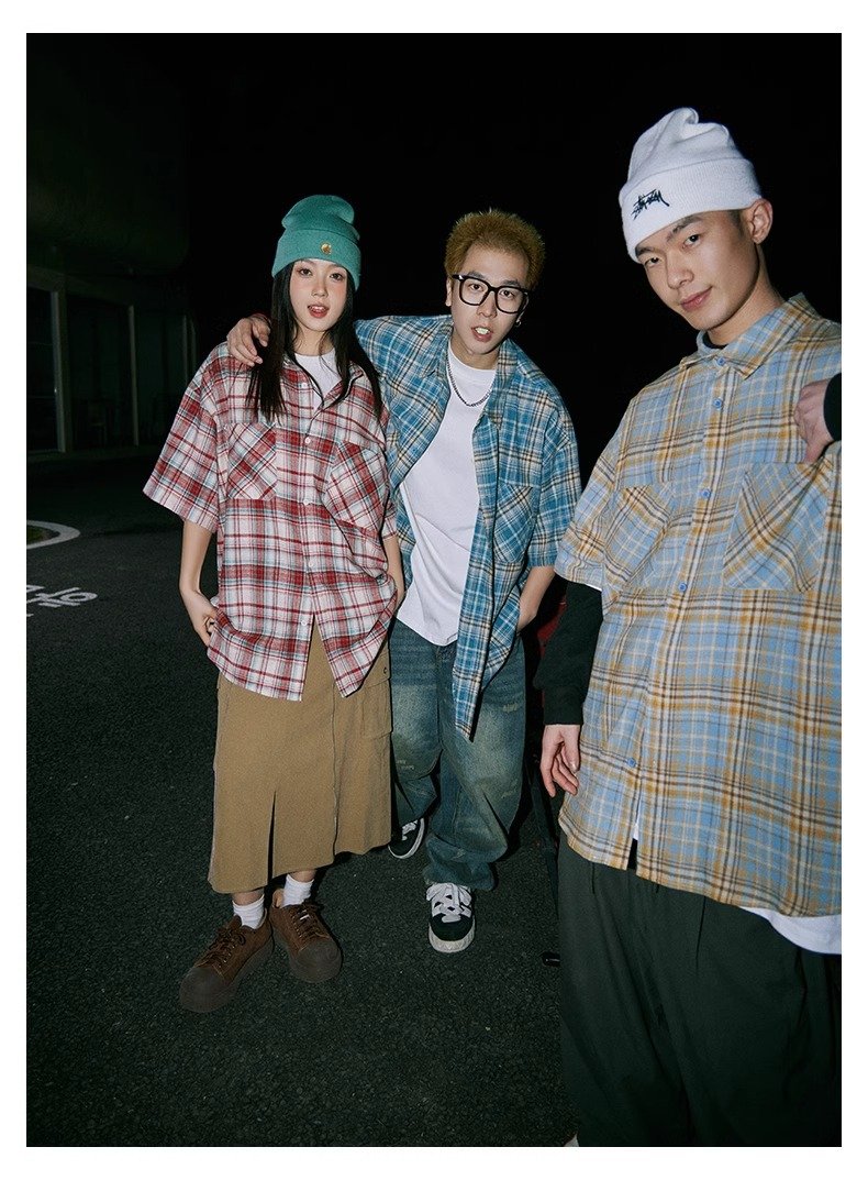 Maxct 90s Streetwear Japanese Niche Plaid Short-sleeved Shirt Men's Summer New Loose Trendy Brand All-match Shirt Couple's Coat Top