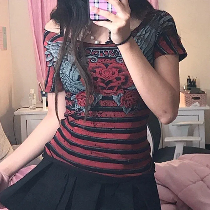Maxct Y2K Aesthetic Grunge Mall Goth Crop Top Vintage Striped Rose Graphic Print T-shirt E-girl Harajuku Gothic Short Sleeve Slim Tees