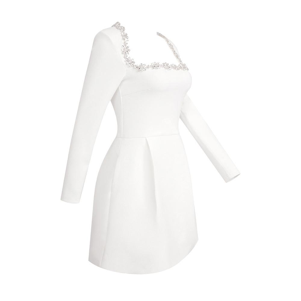 Maxct 2024 New Women's White French Square Collar Diamond Long Sleeve Bandage Dress Summer High-end Sense - Image 19