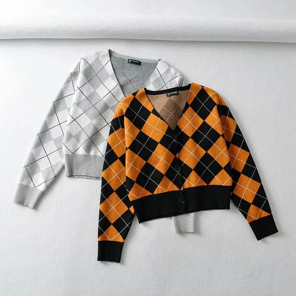 Maxct Plaid Preppy Argyle Cardigan