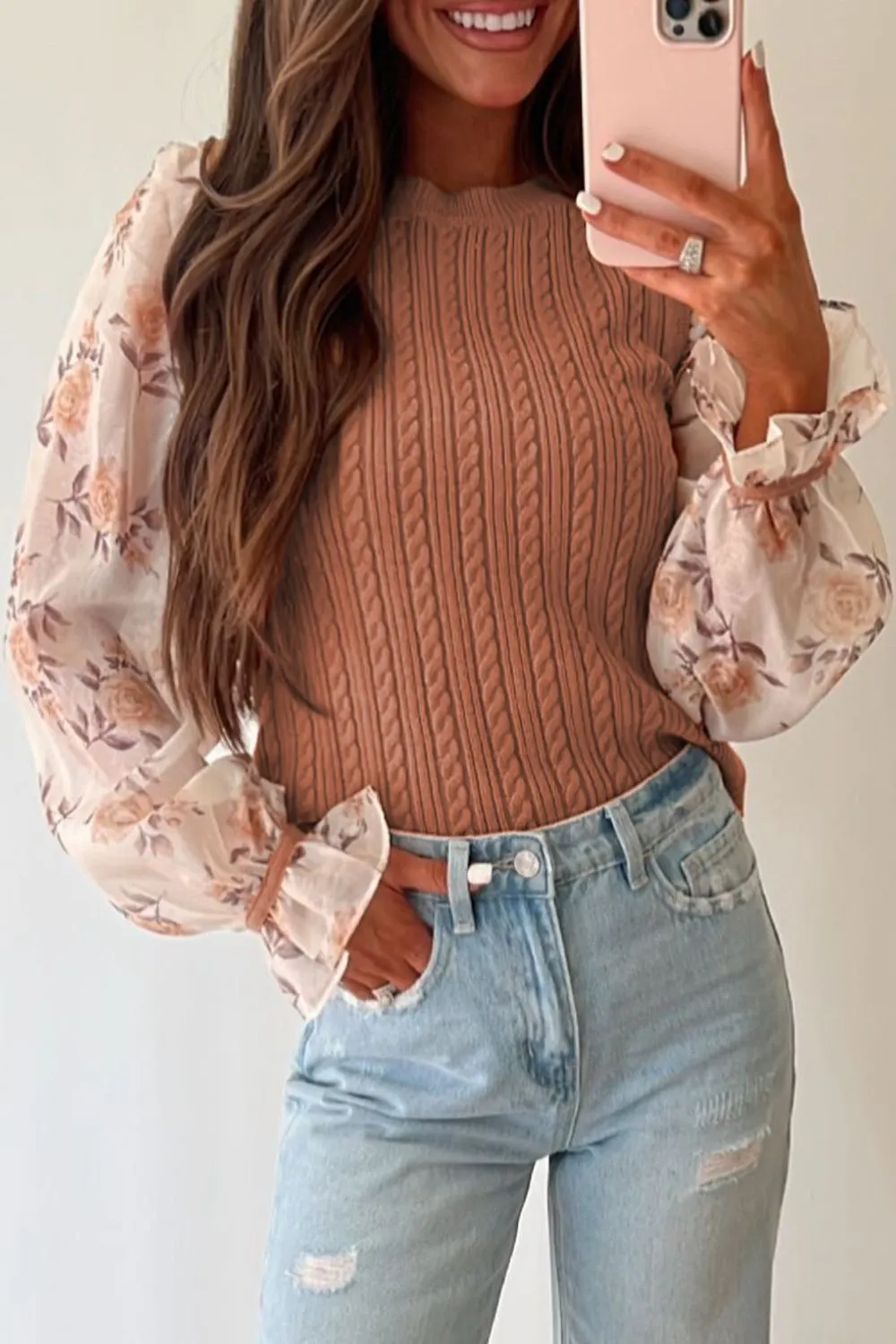 Maxct &Cable Knit Round Neck Flounce Sleeve Sweater