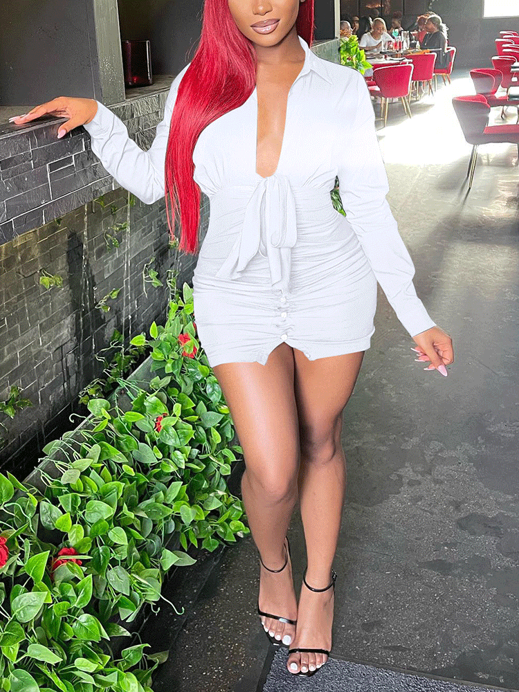 Deep V-neck Front Tie Mini Dress Maxct