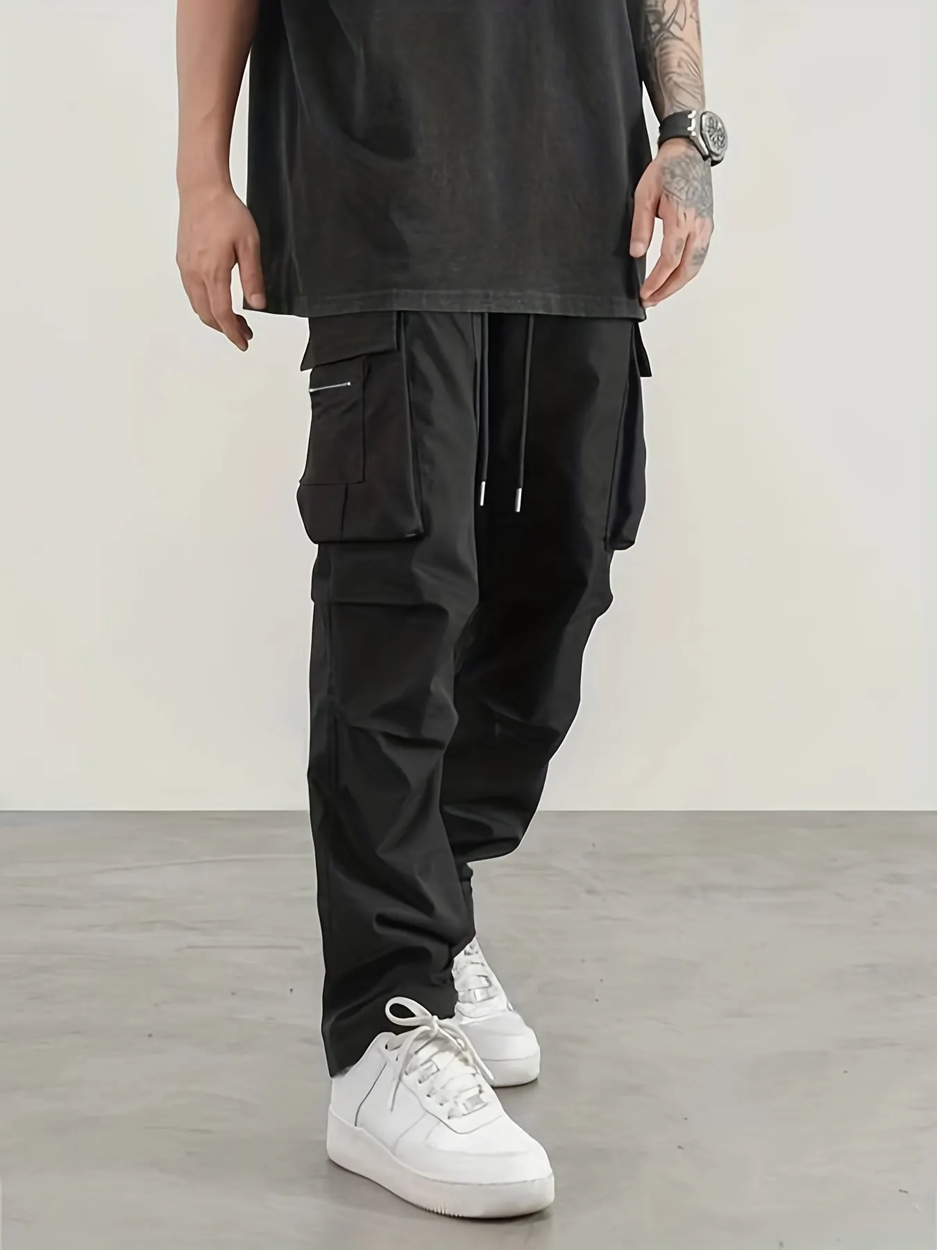 Men's Casual Cargo Pants, Regular Multi Pocket Waist Drawstring Work Pants For Outdoor Activities
