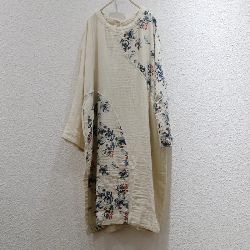 Spring Loose Soft Vintage Ethnic Style Printed Cotton Linen Dresses
