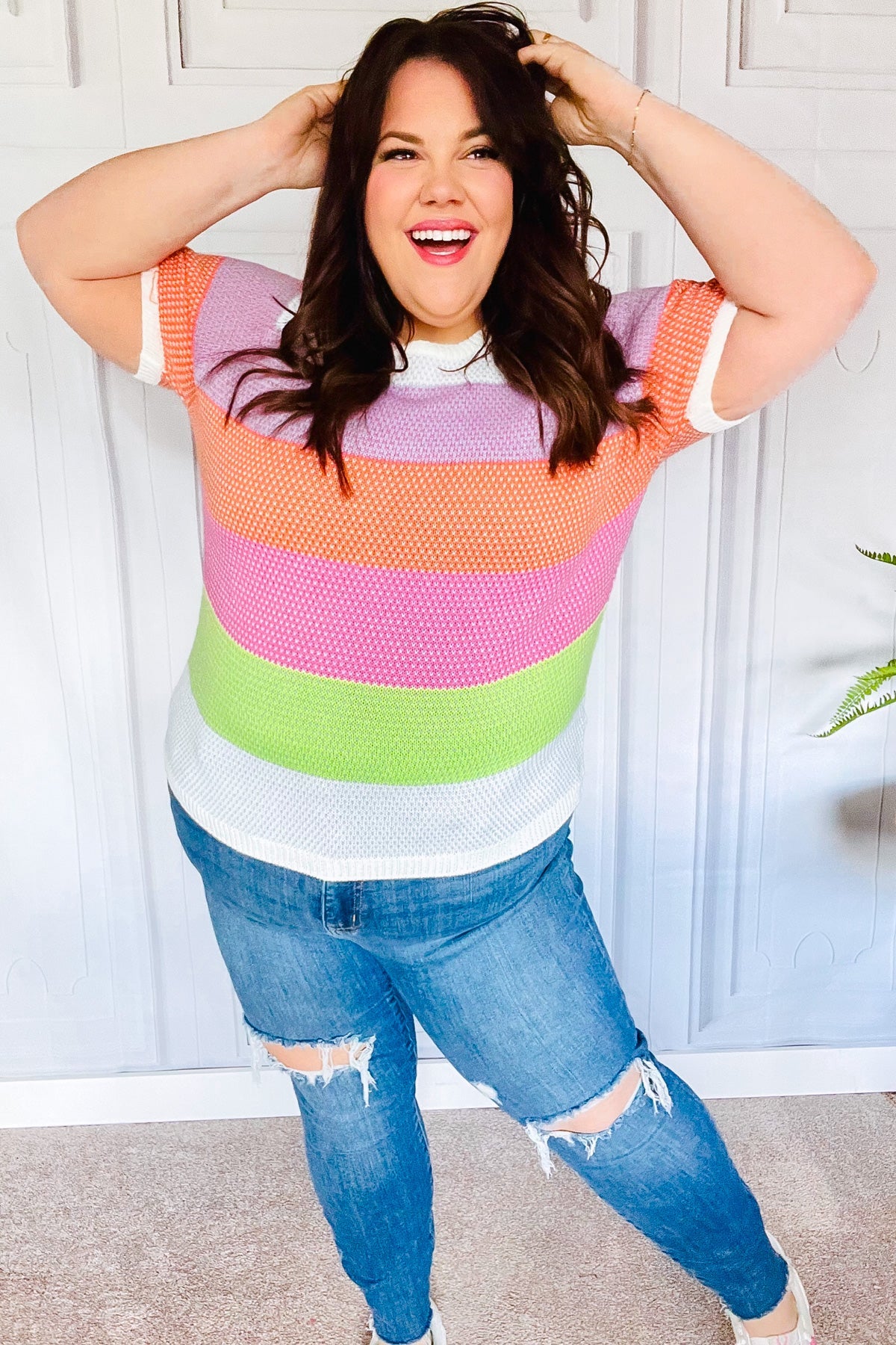 Maxct &Get Started Lavender & Orange Stripe Jacquard Sweater Top