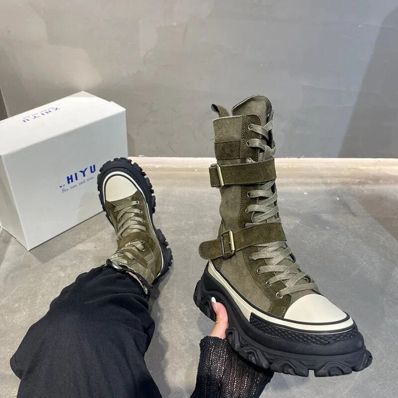 Mid Calf Length Boots - Leather Motorcycle Style for Women Maxct