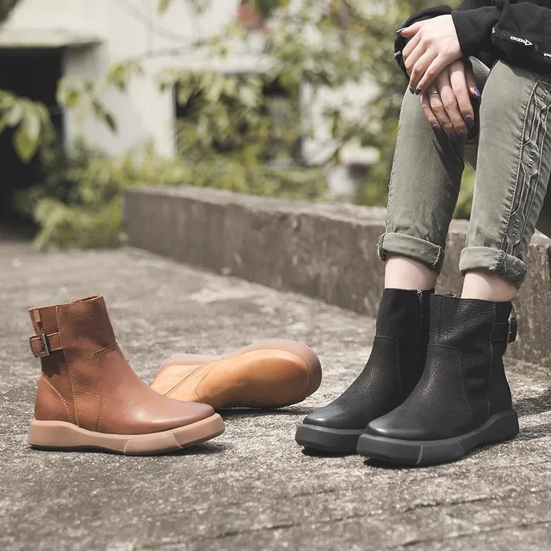 Waxing Ankle Boots Back Buckle Decorate Black/Coffee Maxct