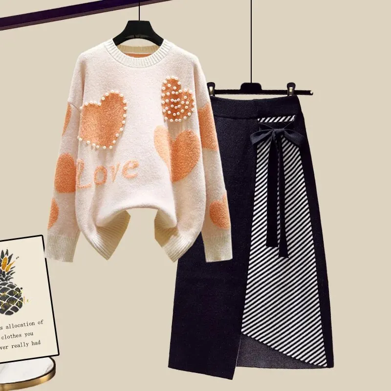 Maxct Lazy Sweater Two Piece set Women Sweet Heart-shaped beaded Pullover Jumper Top + Irregular Striped Skirt Knit 2PCS Sets