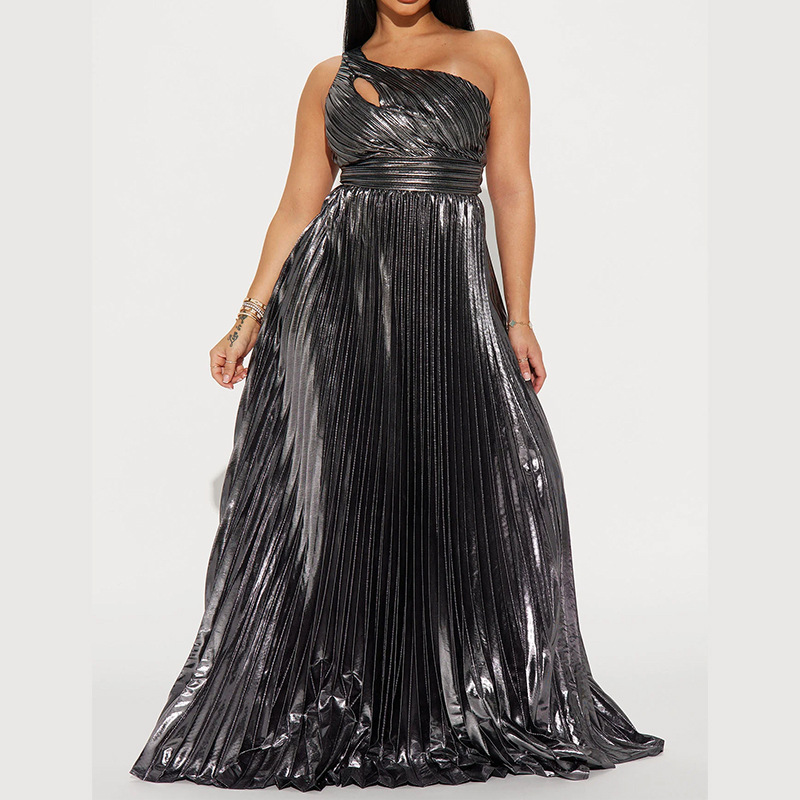 Maxct Fall 2024 New Women's One Shoulder High Waist Side Zipper Pleated Large Swing Skirt Party Dress - Image 7