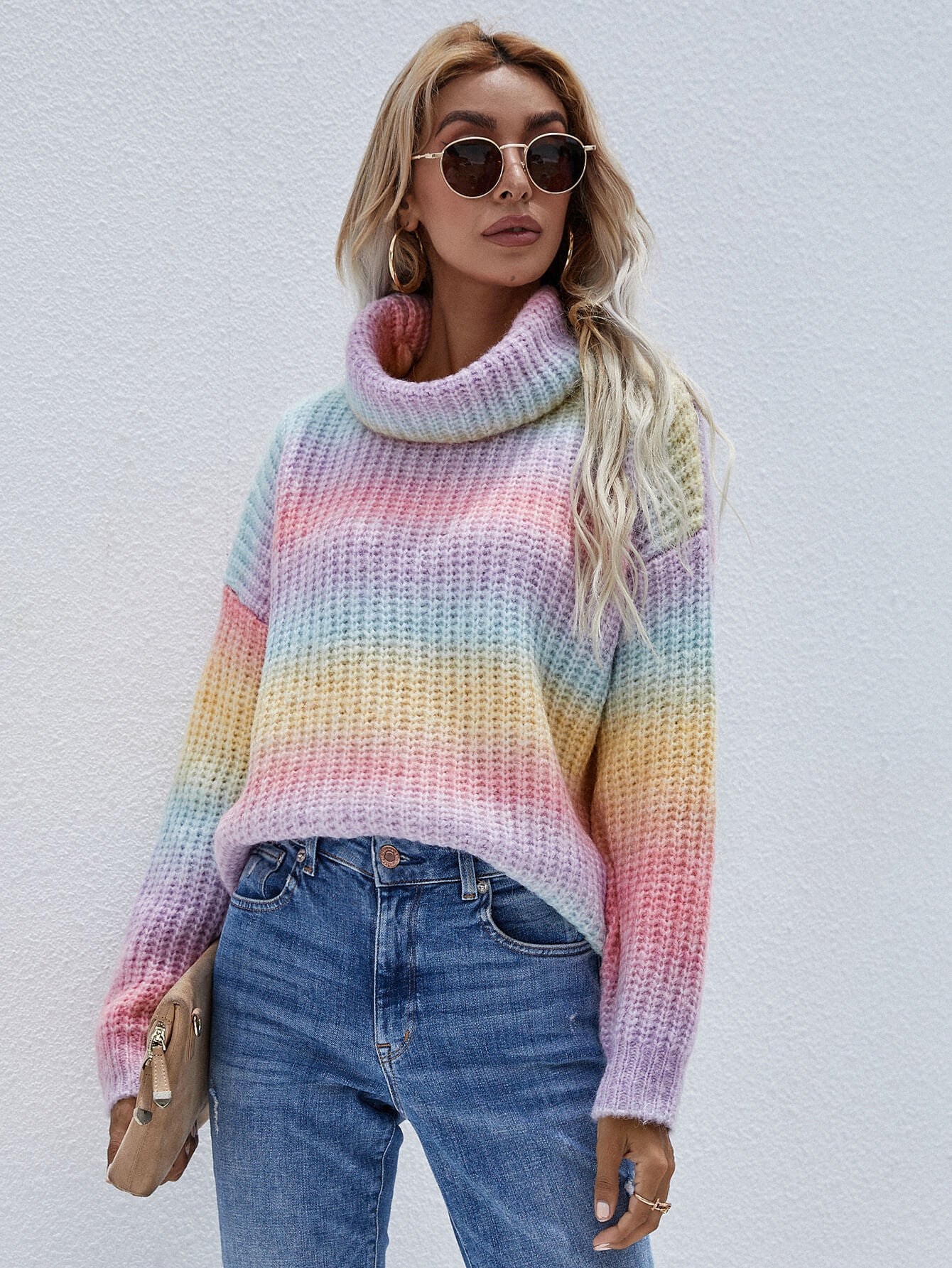 Maxct &Rainbow Rib-Knit Turtleneck Drop Shoulder Sweater
