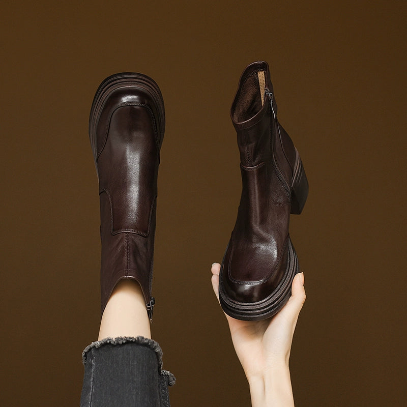 Autumn Genuine Leather Casual Soft Sole Round Toe Chunky Boots