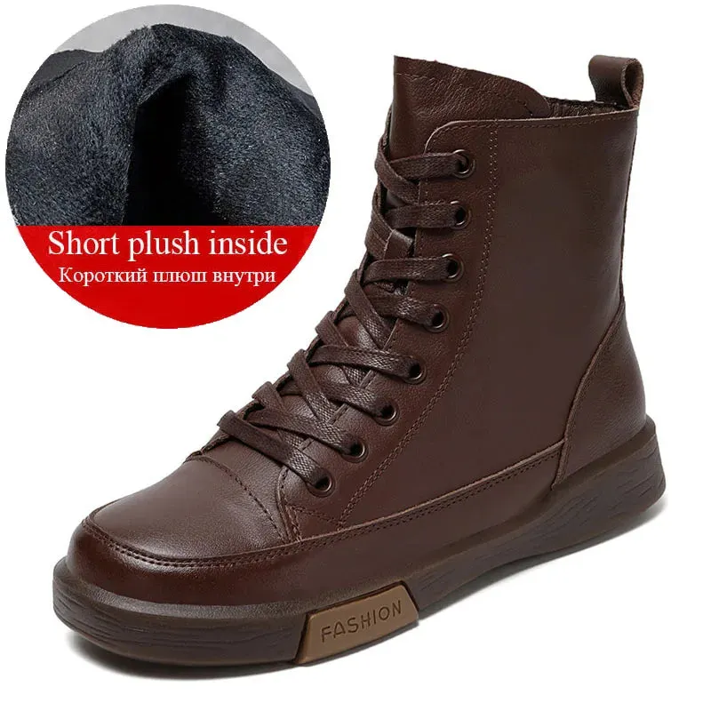 Handmade Retro Leather Ankle Boots Women's Winter Flats Maxct