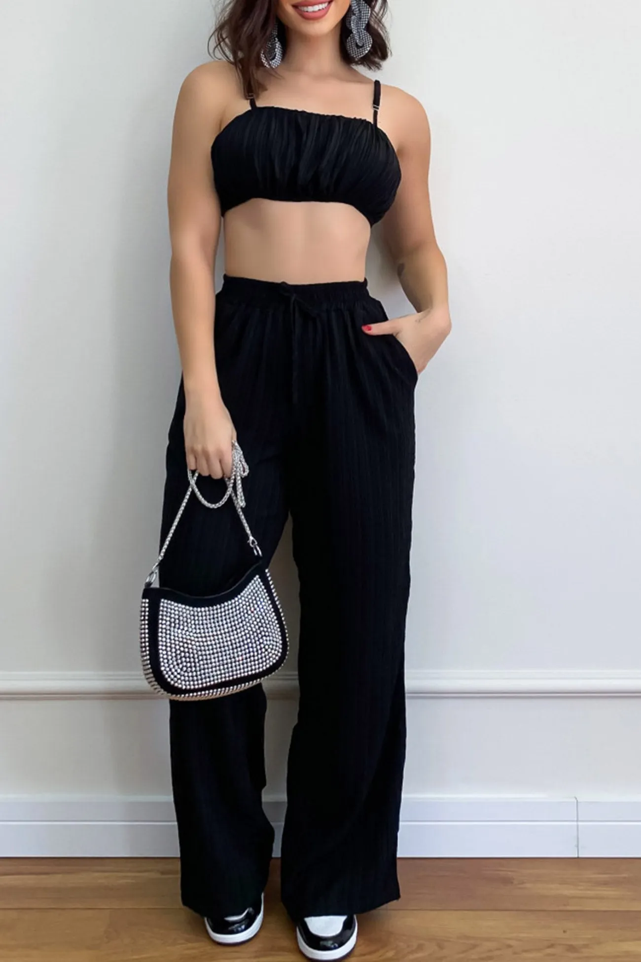Maxct-Pleated Smocked Vest Drawstring Long Pants Suits