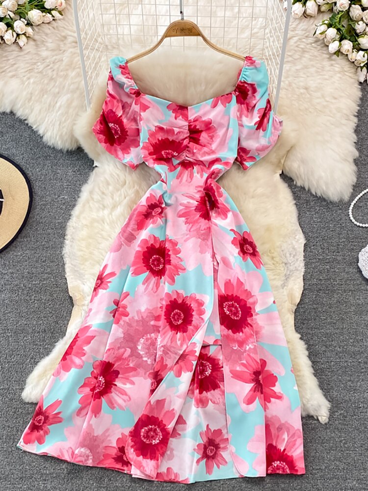 Maxct Vintage Women Printed Dresss Sexy Square Collar Short Puff Sleeve High Waist A-Line Vacation Beach Vestidos Female New