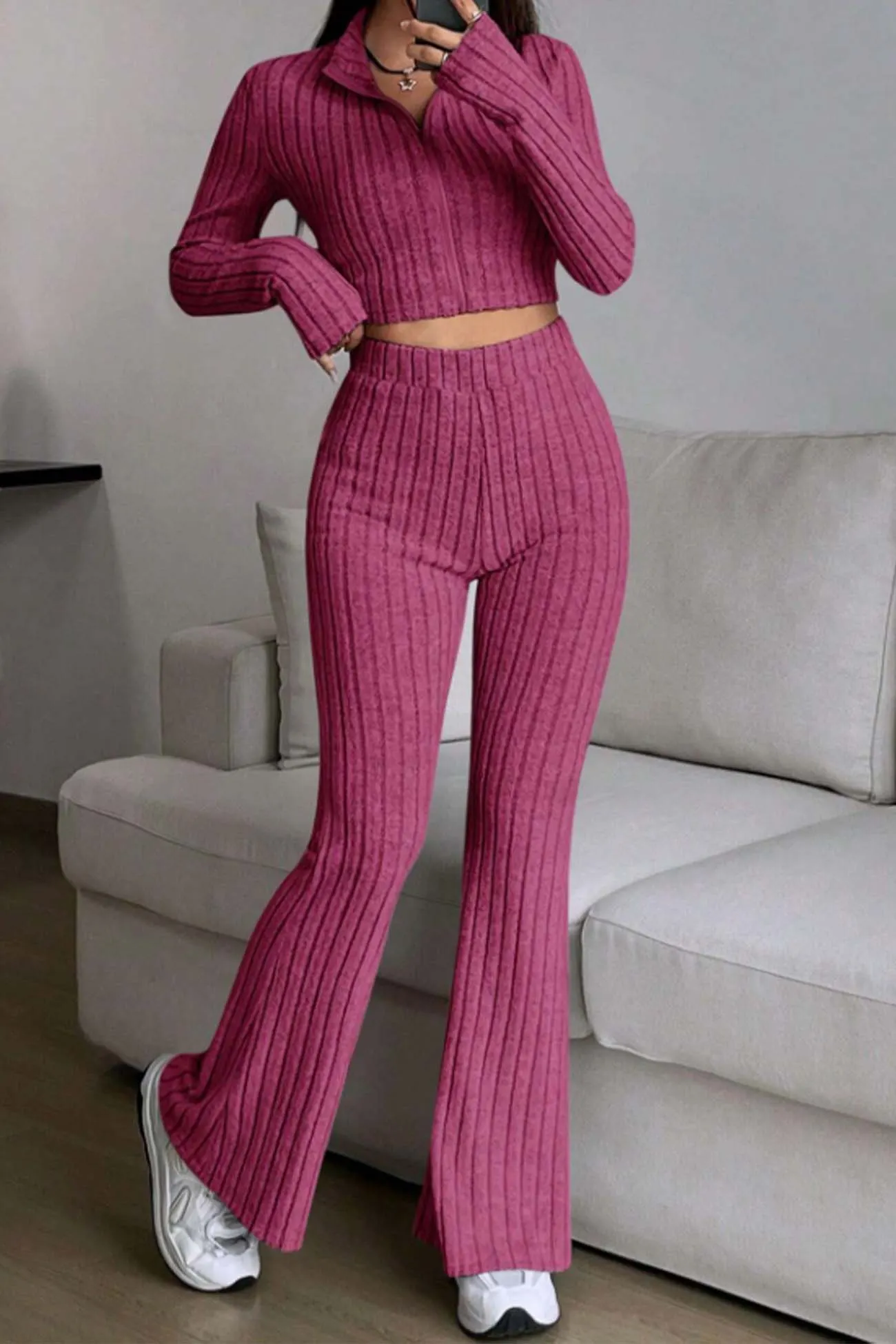 Maxct Zip Long Sleeve Ribbed Flared Pants Set