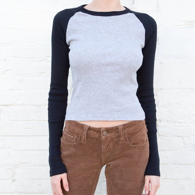 90s Vintage Grunge T-shirt Y2K Retro Cute Crop Top Autumn Contrast Patchwork Long Sleeve Slim Basic Sweats Tees Simple Clothes